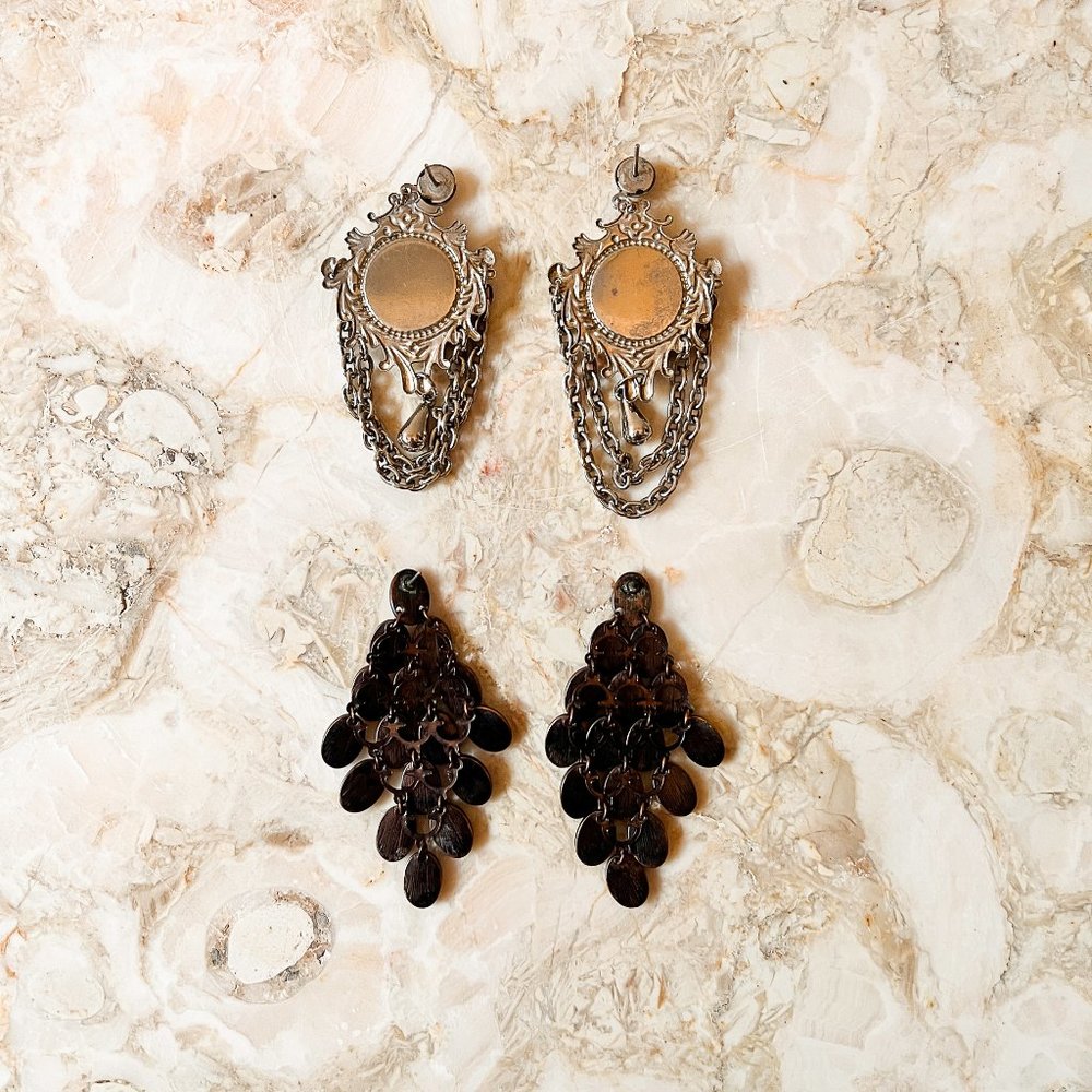 Bundle (2) Lux Black Vintage Deco Victorian Gothic Style Earrings Drop Chain - Picture 3 of 3